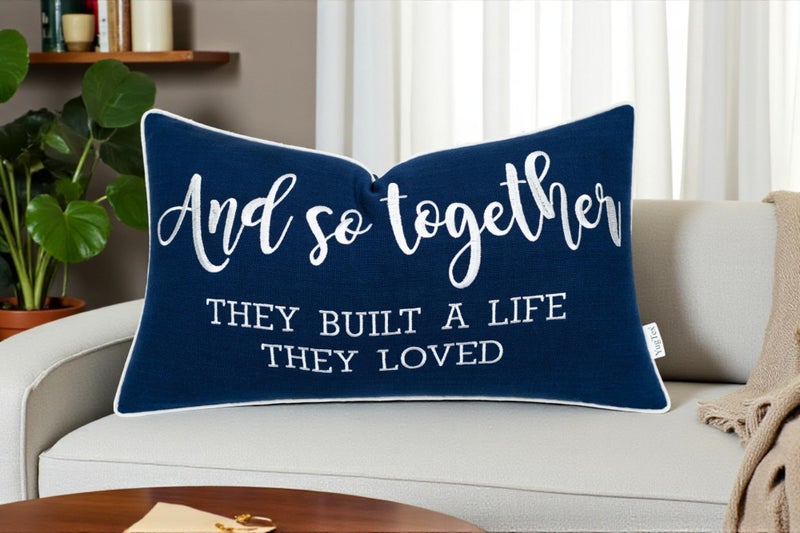 YugTex Romantic Couple Love Sentiment Embroidered Decorative Sayings Lumbar Accent Throw Pillowcase - and So Together Phrase Decor for Wedding, Anniversary, Valentine - 12x20 Inches, Navy Blue - Image 5
